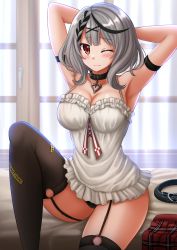 Rule 34 | 1girl, arm strap, armpits, arms behind head, arms up, bare shoulders, belt, unworn belt, black choker, black panties, black thighhighs, breasts, camisole, choker, cleavage, closed mouth, fang, frilled shirt, frills, garter straps, grey hair, hair ornament, highres, hololive, holox, kazenokaze, knee up, large breasts, looking at viewer, one eye closed, panties, panty peek, plaid, plaid skirt, red eyes, red skirt, sakamata chloe, sakamata chloe (1st costume), shirt, short hair, sitting, skirt, unworn skirt, sleeveless, sleeveless shirt, solo, spaghetti strap, thighhighs, thighs, underwear, virtual youtuber, white shirt, x hair ornament