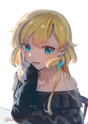 Rule 34 | 1girl, bare shoulders, black nails, black shirt, blonde hair, blue eyes, chair, earrings, elbows on table, hand on own face, highres, jewelry, long hair, looking at viewer, multicolored hair, nail polish, off-shoulder shirt, off shoulder, open mouth, original, shirt, shisui (5830217), simple background, sitting, solo, streaked hair, twitter username, white background, wing earrings