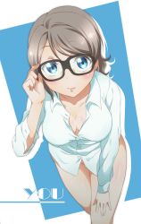Rule 34 | 10s, 1girl, absurdres, adjusting eyewear, black-framed eyewear, blue eyes, blush, bottomless, breasts, buttons, cleavage, downblouse, dress shirt, glasses, grey hair, hand on own thigh, highres, leaning forward, looking at viewer, love live!, love live! sunshine!!, medium breasts, naked shirt, no bra, no panties, open clothes, open shirt, shirt, solo, surfing orange, watanabe you