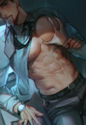 Rule 34 | 1boy, bara, belt, black pants, grabbing, hand on another&#039;s chest, highres, large pectorals, male focus, muscular, muscular male, navel, necktie, nipple piercing, nipples, open clothes, open shirt, original, pants, pectoral grab, pectorals, piercing, salaryman, shirt, ssong-ga, teeth, thighs, twitter username, watch, wristwatch