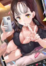 Rule 34 | 1girl, 1other, 2t (tanakatakuto), :o, bed, bed sheet, black dress, blush, breasts, brown hair, cellphone, cleavage, cum, cum as fashion, cum on fingers, cum on hands, dress, earrings, egg vibrator, female focus, fingernails, hands up, highres, holding, holding phone, jewelry, large breasts, legs, light blush, long hair, looking at viewer, lying, mirror, nail polish, on bed, on side, original, out of frame, parted lips, phone, fake phone screenshot, pink nails, pov, remote control vibrator, selfie, sex toy, smartphone, symbol in eye, thighs, vibrator, w, yellow eyes
