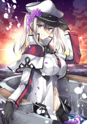 Rule 34 | 10s, 1girl, blonde hair, blue eyes, breasts, capelet, female focus, flower, gloves, graf zeppelin (kancolle), hat, kantai collection, konataeru, large breasts, long hair, looking at viewer, machinery, navel, peaked cap, smile, solo, twintails