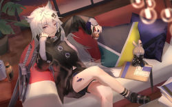 Rule 34 | 1girl, alcohol, animal ears, arknights, black jacket, black nails, black shorts, chinese commentary, couch, crossed legs, cup, female focus, fingernails, gloves, grey hair, hair between eyes, hair ornament, hairclip, hand on own cheek, hand on own face, highres, holding, holding cup, hua ye, jacket, lappland (arknights), long hair, long sleeves, looking at viewer, material growth, multiple swords, nail polish, one eye closed, oripathy lesion (arknights), pillow, plant, scar, scar across eye, scar on face, shorts, sitting, solo, sword, weapon, white gloves