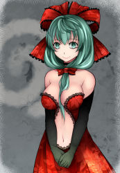 Rule 34 | 1girl, aoshima, bare shoulders, black gloves, bow, breasts, cleavage, collarbone, commentary request, dress, front ponytail, gloves, green eyes, green hair, hair bow, hair ribbon, highres, kagiyama hina, leaf print, long hair, looking at viewer, medium breasts, navel, red bow, red dress, red ribbon, ribbon, smile, solo, touhou