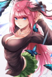 Rule 34 | 1girl, black ribbon, blue eyes, blunt bangs, breasts, bug, butt crack, butterfly, cleavage, go-toubun no hanayome, hair ornament, hair ribbon, highres, hikari (komitiookami), insect, jewelry, large breasts, long hair, long sleeves, looking at viewer, md5 mismatch, nakano nino, necklace, parted lips, pink hair, pleated skirt, resolution mismatch, ribbon, shirt, skirt, solo, source smaller, sweater, thighs