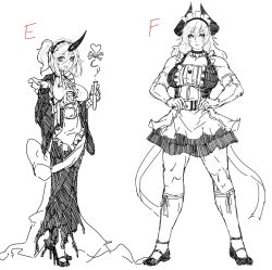 Rule 34 | 2girls, blush, breasts, choker, drugs, elbow gloves, eu03, full body, gloves, greyscale, hands on own hips, heart, high heels, horns, large breasts, loafers, maid headdress, monochrome, multiple girls, muscular, muscular female, original, shoes, short twintails, single horn, sketch, stiletto heels, take your pick, test tube, thick thighs, thighs, twintails, wide sleeves