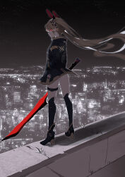 Rule 34 | 1girl, absurdres, blonde hair, city, city lights, cityscape, from side, glowing, glowing eye, highres, holding, holding sword, holding weapon, long hair, looking at viewer, original, qingli green, skyline, solo, sword, twintails, very long hair, weapon