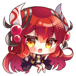 Rule 34 | 1girl, :d, bare shoulders, barefoot, big head, black dress, black sleeves, blush, brown eyes, chibi, commentary request, detached sleeves, dress, duel monster, full body, hair between eyes, long hair, long sleeves, looking at viewer, open mouth, red hair, simple background, sitting, smile, solo, suzunone rena, traptrix allomerus, very long hair, white background, wide sleeves, yu-gi-oh!