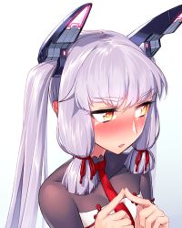 Rule 34 | 10s, 1girl, :o, alternate hairstyle, blew andwhite, blush, collarbone, ear blush, embarrassed, eyebrows, fingers together, glowing, hair ribbon, headgear, highres, index fingers together, kantai collection, long hair, looking away, murakumo (kancolle), murakumo kai ni (kancolle), necktie, nose blush, open mouth, red necktie, red ribbon, ribbon, sidelocks, silver hair, skin tight, solo, sweatdrop, tsurime, twintails, upper body, yellow eyes