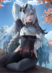 Rule 34 | 1girl, bodysuit, braid, clothing cutout, covered navel, feathered wings, genshin impact, hair ornament, hair over one eye, hip vent, long hair, low-braided long hair, low-tied long hair, olesyaspitz, shenhe (genshin impact), shoulder cutout, silver hair, sitting, skin tight, solo, watermark, web address, wings