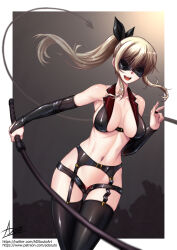 Rule 34 | 1girl, :d, adsouto, blonde hair, bondage outfit, breasts, bridal gauntlets, collarbone, dominatrix, domino mask, elbow gloves, fairy tail, garter belt, garter straps, gloves, hair ribbon, highres, holding, holding whip, long hair, looking at viewer, lucy heartfilia, mask, medium breasts, navel, open mouth, ponytail, revealing clothes, ribbon, shiny skin, short shorts, shorts, signature, smile, solo, teeth, thighhighs, upper teeth only, whip