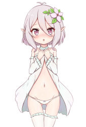 Rule 34 | 1girl, :o, antenna hair, blush, bow, bow panties, brown eyes, collarbone, commentary request, detached sleeves, dress, flower, frilled thighhighs, frills, gluteal fold, grey hair, groin, hair between eyes, hair flower, hair ornament, jiu (sdesd3205), kokkoro (princess connect!), long sleeves, looking at viewer, lowleg, lowleg panties, navel, nose blush, open clothes, open dress, panties, parted lips, pink flower, pointy ears, princess connect!, simple background, solo, strapless, strapless dress, thigh gap, thighhighs, underwear, white background, white dress, white panties, white sleeves, white thighhighs