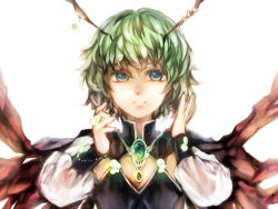 Rule 34 | 1girl, alternate costume, antennae, aqua eyes, cape, cleavage cutout, clothing cutout, gem, green gemstone, green hair, hands in hair, high collar, jewelry, lips, long sleeves, looking at viewer, necklace, parted lips, short hair, simple background, solo, touhou, white background, wriggle nightbug, yokosuka220
