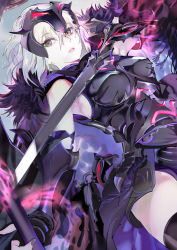 Rule 34 | 119, 1girl, armor, armored dress, bad id, bad pixiv id, black dress, black nails, black thighhighs, breasts, brown eyes, dress, dutch angle, fate/grand order, fate (series), hair between eyes, headpiece, highres, holding, holding sword, holding weapon, jeanne d&#039;arc (fate), jeanne d&#039;arc alter (avenger) (fate), jeanne d&#039;arc alter (fate), looking at viewer, medium breasts, nail polish, parted lips, pixiv fate/grand order contest 2, short hair, silver hair, sleeveless, sleeveless dress, solo, sword, thighhighs, weapon