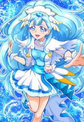 Rule 34 | 10s, 1girl, :d, blue eyes, blue footwear, blue hair, blue theme, boots, colored eyelashes, cropped legs, cure ange, dress, earrings, hair ornament, hanzou, head wings, highres, hugtto! precure, jewelry, knee boots, long hair, looking at viewer, magical girl, open mouth, precure, see-through, smile, solo, sparkle, standing, standing on one leg, white dress, wings, wrist cuffs, yakushiji saaya