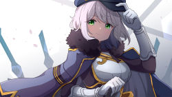 Rule 34 | 1girl, ame., arm up, blue hat, blue jacket, breasts, closed mouth, commentary request, commission, fur-trimmed jacket, fur trim, gloves, green eyes, grey hair, hand on headwear, hat, jacket, jacket on shoulders, looking at viewer, medium breasts, original, peaked cap, petals, shirt, skeb commission, smile, solo, upper body, white gloves, white shirt