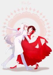 Rule 34 | dancing, dress, flower, highres, kuma (bloodycolor), long hair, mouth hold, multiple girls, red dress, red hair, rose, ruby rose, rwby, short hair, side ponytail, skirt hold, tailcoat, weiss schnee, white hair, yuri