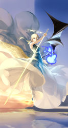 Rule 34 | 1girl, absurdres, angel, angel wings, asymmetrical wings, bad id, bad pixiv id, bare shoulders, blonde hair, blue dress, blue eyes, blue fire, commentary request, cross, cross necklace, demon wings, diamond-shaped pupils, diamond (shape), dress, fire, full body, halo, heterochromia, highres, horns, jewelry, long hair, looking at viewer, necklace, ocean, original, pendant, rosary, single horn, smile, solo, sunset, sword, symbol-shaped pupils, tsuki-shigure, weapon, wings, yellow eyes