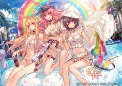 Rule 34 | 4girls, :d, alternate costume, bikini, black hair, black headwear, blonde hair, blush, breasts, chocoan, choker, cleavage, cloak, commentary request, copyright name, cup, drinking glass, drinking straw, fate/grand order, fate (series), gem, hair between eyes, head wings, hildr (fate), hood, hooded cloak, inflatable raft, kneeling, large breasts, light smile, long hair, looking at viewer, mash kyrielight, medium breasts, midriff, multiple girls, navel, official art, one eye closed, open mouth, ortlinde (fate), pink hair, pool, rainbow, red eyes, short hair, sitting, smile, sunglasses, swimsuit, thrud (fate), type-moon, valkyrie (fate), very long hair, visor cap, water gun, white bikini, white cloak, white hood, wings
