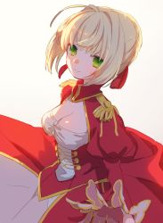 Rule 34 | 10s, 1girl, ahoge, beige background, blonde hair, blush, braid, breasts, center opening, cleavage, closed mouth, dress, epaulettes, fate/extra, fate (series), french braid, green eyes, hair intakes, hair ribbon, highres, juliet sleeves, long sleeves, looking at viewer, medium breasts, munuko, nero claudius (fate), nero claudius (fate) (all), nero claudius (fate/extra), puffy sleeves, red dress, red ribbon, ribbon, sidelocks, simple background, smile, solo