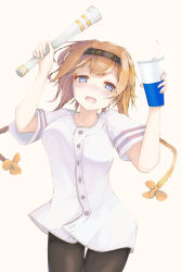 Rule 34 | 1girl, alcohol, baseball jersey, beer, black headband, blue eyes, blush, braid, breasts, brown hair, cheering, commentary request, hair between eyes, hair ornament, hands up, headband, headwear writing, highres, jersey, kantai collection, long hair, looking at viewer, medium breasts, momin, open mouth, orange hair, pantyhose, propeller hair ornament, simple background, smile, solo, teruzuki (kancolle), twin braids, upper body
