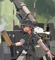 Rule 34 | 1girl, artillery, bag, black gloves, brown hair, camouflage, camouflage headwear, camouflage jacket, camouflage pants, cannon, cowboy shot, gloves, hair bun, highres, holding, jacket, korean commentary, military, military uniform, open mouth, original, pants, republic of korea army, satchel, shell casing, single glove, single hair bun, sleeves rolled up, smile, smoke, solo, sweat, teeth, uniform, wani (perfect han), watch, wristwatch