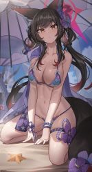 Rule 34 | 1girl, absurdres, animal ears, armor, artist name, bare shoulders, beach umbrella, bead bracelet, beads, bikini, bikini armor, black hair, blue archive, blush, bracelet, breasts, cape, cleavage, cloud, collarbone, colored inner hair, fox ears, fox girl, fox tail, groin, halo, highres, jewelry, jeze, long hair, looking at viewer, low ponytail, multicolored hair, navel, outdoors, sand, sitting, solo, starfish, string bikini, swimsuit, tail, triangle mouth, umbrella, wakamo (blue archive), wakamo (swimsuit) (blue archive), wet, yellow eyes