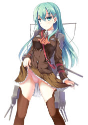 Rule 34 | 10s, 1girl, aqua eyes, aqua hair, awa yume, clothes lift, hair ornament, hairclip, highres, kantai collection, long hair, looking at viewer, panties, personification, pink panties, school uniform, shoulder pads, skirt, skirt lift, smile, solo, suzuya (kancolle), thighhighs, turret, underwear, upskirt, white background