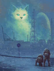 Rule 34 | 2others, ambiguous gender, animal, aqua eyes, backpack, bag, brown bag, coat, fox, highres, industrial, kneeling, multiple others, original, outdoors, oversized animal, pants, sign, snow, snow print, snowing, toy(e), transmission tower, white fur, winter clothes, yuugai choujuu