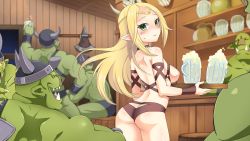 Rule 34 | 1girl, alcohol, ass, bare shoulders, beer, beer mug, blonde hair, blush, breastless clothes, breasts, closed mouth, cowboy shot, cup, elf, elven conquest, faye (elven conquest), game cg, highres, indoors, long hair, looking at viewer, looking back, medium breasts, mug, nipples, orc, pinktea, pointy ears, solo focus, tavern, topless, upper body, waitress