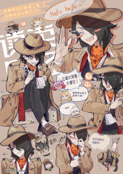 Rule 34 | 1boy, 4girls, :x, ?, ??, absurdres, afterimage, ahoge, animal, animalization, beret, black coat, black hair, black pants, black vest, blonde hair, blue eyes, blush, blush stickers, bow, bowler hat, brown background, brown footwear, brown hat, buttons, cat, chinese text, clothed animal, coat, collared coat, commentary, cropped legs, cropped torso, danganronpa (series), double-breasted, earrings, english commentary, english text, eyelashes, eyes visible through hair, fingernails, flying sweatdrops, fortissimo, front ponytail, full body, gisces, gradient hair, green bow, grin, hair bow, hair ornament, hand on own face, hand up, hat, head only, highres, holding, holding notepad, holding pen, jewelry, lapels, layered sleeves, lifting animal, loafers, long hair, long sleeves, magorobi emma, male focus, medium hair, mixed-language text, motion lines, multicolored hair, multiple girls, multiple views, musical note, musical note hair ornament, neckerchief, nijiue iroha, notched lapels, notepad, open clothes, open coat, orange scarf, otonokoji hibiki, pants, pen, pen behind ear, pink hair, plaid headwear, polka dot, polka dot scarf, purple eyes, red hair, red neckerchief, red scarf, scarf, shoes, short twintails, simple background, sitting, smile, socks, sora (super danganronpa another 2), sparkle, speech bubble, sphere earrings, spoken question mark, super danganronpa another 2, sweat, translation request, trench coat, twintails, upper body, vest, wavy hair, white hair, white socks, writing, yomiuri nikei
