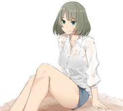 Rule 34 | 10s, 1girl, arm support, bare legs, blue dress, blue eyes, breasts, commentary request, dress, dress shirt, feet out of frame, green hair, heterochromia, idolmaster, idolmaster cinderella girls, large breasts, long sleeves, looking at viewer, miniskirt, mole, mole under eye, monochrome background, see-through, sente, shirt, short hair, simple background, sitting, skirt, smile, solo, takagaki kaede, white background