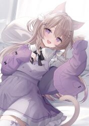 Rule 34 | 1girl, animal ears, blush, brown hair, cardigan, cat ears, cat girl, cat tail, commission, dress, hair ornament, highres, indie virtual youtuber, kurage cc, long hair, minaneko mai, open cardigan, open clothes, open mouth, purple cardigan, purple dress, purple eyes, skeb commission, smile, solo, swept bangs, tail, thighhighs, virtual youtuber, white thighhighs, x hair ornament