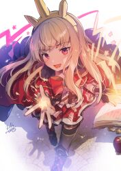 Rule 34 | 1girl, blonde hair, book, bow, cagliostro (granblue fantasy), cape, crown, floating, floating book, floating object, granblue fantasy, hairband, ichihaya, long hair, no nose, open mouth, red eyes, solo, spiked hairband, spikes, star (symbol), thighhighs, walking