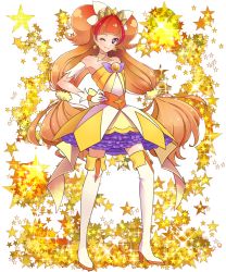 Rule 34 | 1girl, amanogawa kirara, bare shoulders, boots, choker, cure twinkle, earrings, gloves, go! princess precure, hand on own hip, jewelry, long hair, looking at viewer, magical girl, md5 mismatch, naokado, one eye closed, orange hair, petticoat, precure, purple eyes, solo, star (symbol), star earrings, starry background, thigh boots, thighhighs, twintails, white footwear, white gloves, white thighhighs