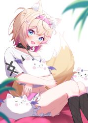 Rule 34 | 1girl, :d, absurdres, alphaart, animal collar, animal ear fluff, animal ears, blonde hair, blue eyes, chain, chain leash, collar, creature, crop top, cropped shirt, dog ears, dog girl, dog tail, fangs, hairband, highres, hololive, hololive english, leash, looking at viewer, mococo abyssgard, mococo abyssgard (1st costume), multicolored hair, navel, open mouth, perroccino (fuwamoco), pink hair, pink hairband, shirt, short hair, short shorts, shorts, sitting, sleeping, smile, stomach, tail, two-tone hair, virtual youtuber, white shirt, white shorts