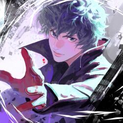 Rule 34 | 1boy, abstract background, amamiya ren, an kyoung, black coat, black hair, coat, eyelashes, gloves, grey eyes, high collar, highres, korean commentary, long sleeves, male focus, messy hair, parted lips, persona, persona 5, reaching, reaching towards viewer, red gloves, short hair, solo