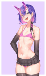 Rule 34 | 1girl, absurdres, alternate costume, alternate hair color, bangs pinned back, bikini, bikini under clothes, black skirt, blue hair, border, bridal gauntlets, brown eyes, dark persona, earth-chan, eyebrows hidden by hair, flat chest, franham, furrowed brow, hair between eyes, halterneck, hand on own hip, highres, horns, legs together, mask, mask around one ear, microskirt, mole, mole under mouth, mouth mask, navel, open mouth, original, outside border, pink bikini, pink hair, pleated skirt, purple background, purple hair, short hair, skirt, smile, solo, starry sky print, stomach, surgical mask, swimsuit, teeth, tsurime, upper teeth only, white border