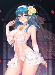 Rule 34 | 1girl, artist name, banglinh1997, bare shoulders, blue eyes, blue hair, blush, bra, breasts, bridal gauntlets, byleth (female) (fire emblem), byleth (fire emblem), choker, cleavage, collarbone, cowboy shot, earrings, fire emblem, fire emblem: three houses, flower, gem, hair flower, hair ornament, hairband, hand up, highres, jewelry, large breasts, long hair, looking at viewer, nail polish, navel, nintendo, ornate ring, panties, parted lips, petals, pink nails, ring, rose, see-through, showgirl skirt, smile, solo, stomach, tassel, thighs, toned, underwear, underwear only, veil, wedding ring, white bra, white choker, white hairband, white panties, yellow flower, yellow rose