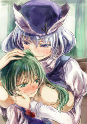 Rule 34 | 2girls, aqua eyes, between breasts, blue eyes, blue hair, blush, breasts, clothes lift, daiyousei, green hair, hand on another&#039;s head, hat, head between breasts, hug, large breasts, letty whiterock, long hair, multiple girls, no bra, open mouth, shirt lift, short hair, side ponytail, touhou, upper body, v-shaped eyebrows, yohane, yuri