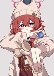 Rule 34 | 1girl, absurdres, beanie, blue archive, blue eyes, blush, bow, braid, brown hat, brown jacket, brown shirt, closed mouth, collared shirt, grey background, hair between eyes, hat, highres, jacket, kendama, long hair, long sleeves, looking at viewer, maki (blue archive), maki (camp) (blue archive), official alternate costume, official alternate hairstyle, open clothes, open jacket, pusen (puuu sen555), red bow, shirt, simple background, solo, twin braids, white shirt
