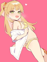 Rule 34 | 1girl, :d, ass, bare shoulders, bikini, bikini under clothes, blonde hair, blush, breasts, breath, clothes pull, commentary, fangs, feet out of frame, frilled bikini, frills, green eyes, hair bobbles, hair ornament, heart, heart-shaped pupils, idolmaster, idolmaster cinderella girls, jougasaki rika, long hair, looking at viewer, looking back, moyori, open clothes, open mouth, open shirt, pink background, shirt, simple background, skirt, skirt around one leg, skirt pull, small breasts, smile, solo, sweatdrop, swimsuit, symbol-shaped pupils, two side up, undressing, white shirt, yellow bikini
