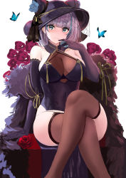 1girl, absurdres, animal ears, azur lane, bare shoulders, black gloves, black headwear, breasts, brown legwear, bug, butterfly, cheshire (azur lane), cheshire (cait sith crooner) (azur lane), china dress, chinese clothes, cleavage, covered navel, dress, elbow gloves, flower, garter straps, gloves, highres, insect, looking at viewer, multicolored hair, rose, sitting, streaked hair, thighhighs, zyousha333