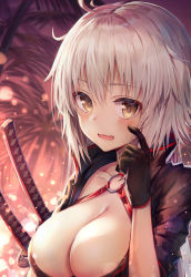 Rule 34 | 1girl, ahoge, bikini, black bikini, black gloves, black jacket, blush, breasts, choker, cleavage, collarbone, commentary request, fate/grand order, fate (series), from side, gloves, hair between eyes, huwari (dnwls3010), jacket, jeanne d&#039;arc alter (swimsuit berserker) (fate), jeanne d&#039;arc (fate), jeanne d&#039;arc alter (fate), jeanne d&#039;arc alter (swimsuit berserker) (fate), katana, large breasts, long hair, looking at viewer, o-ring, open mouth, outdoors, pale skin, palm tree, sheath, shrug (clothing), silver hair, solo, sunset, swimsuit, sword, tree, upper body, very long hair, wavy mouth, weapon, yellow eyes