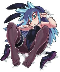 Rule 34 | 1girl, animal ears, blue hair, blush, detached collar, fake animal ears, feet, fubukihime, gashi-gashi, glasses, green eyes, high ponytail, highres, bridal garter, leotard, long hair, lying, multicolored hair, on back, open mouth, pantyhose, playboy bunny, purple hair, rabbit ears, rabbit tail, shoes, unworn shoes, solo, tail, toes, two-tone hair, wrist cuffs, traditional youkai, youkai watch