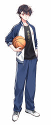 Rule 34 | 1boy, ball, baseball, basketball (object), black hair, black shirt, blue pants, closed mouth, clothes writing, crossed bangs, full body, hair between eyes, hair ornament, hairclip, hand in pocket, highres, holding, jacket, kangetsu (fhalei), long sleeves, looking at viewer, male focus, mole, open clothes, open jacket, original, pants, raglan sleeves, red eyes, shirt, shoes, simple background, solo, standing, track suit, white background, white footwear