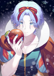 Rule 34 | 1boy, apple, blue eyes, blue hair, bow, bowtie, collarbone, crossdressing, dress, food, fruit, hair between eyes, hair ornament, hasegawa langa, highres, kyan reki, looking at viewer, male focus, multiple boys, muscular, parted bangs, shirt, short hair, simple background, sk8 the infinity, smile, snow white, snow white and the seven dwarfs, tagme, uppi