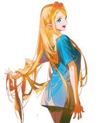 Rule 34 | 1girl, :d, absurdres, alternate costume, aqua eyes, black pantyhose, blonde hair, blue shirt, braid, breasts, casual, cowboy shot, crown braid, fldwpfdorlskgdk, from side, hair ornament, hairclip, hand in own hair, highres, korean commentary, long hair, looking at viewer, medium breasts, nintendo, open mouth, pantyhose, parted bangs, pointy ears, princess zelda, shirt, short sleeves, simple background, smile, solo, standing, the legend of zelda, the legend of zelda: breath of the wild, white background