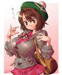 Rule 34 | 1girl, alternate breast size, amania orz, antenna hair, bag, blush, breasts, brown eyes, brown hair, cardigan, closed mouth, collared dress, commentary request, creatures (company), crossed bangs, dated, dress, frown, game freak, gloria (pokemon), green hat, grey cardigan, hair between eyes, hat, highres, large breasts, long sleeves, nintendo, object on breast, outside border, parted bangs, pink background, poke ball, poke ball (basic), pokemon, pokemon swsh, pom pom (clothes), short hair, solo, tam o&#039; shanter