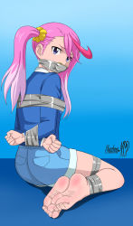 Rule 34 | 1girl, absurdres, ass, barefoot, bdsm, blue eyes, body blush, bondage, bound, bound ankles, bound wrists, digimon, digimon universe: appli monsters, foot focus, gag, gagged, highres, improvised gag, karan eri, looking back, multicolored hair, pink hair, scrunchie, shadow xcp, shorts, tape, tape bondage, tape gag, twintails